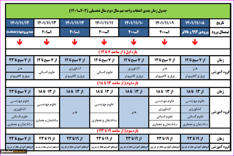 جدول زمان بندی انتخاب واحد نیمسال دوم سال تحصیلی 1402 - 1401 2