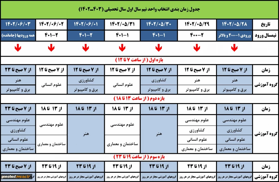 جدول زمانبندی انتخاب واحد نیمسال اول سال تحصیلی 403ـ1402 2